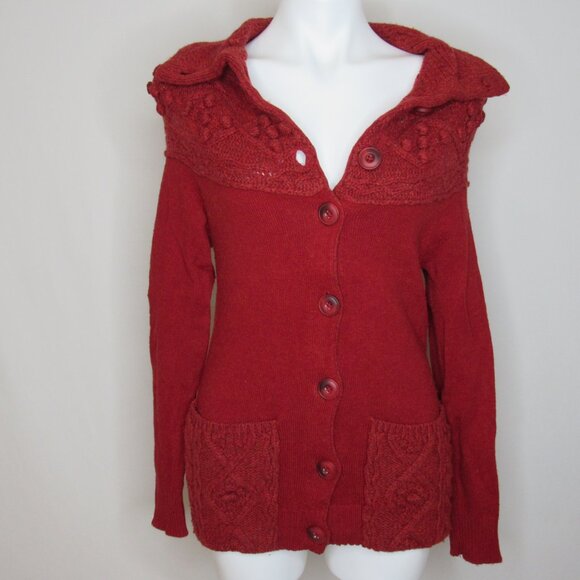 Sleeping On Snow Anthropologie Red Cablepom Cardigan Sweater Women's S Small - Picture 6 of 9